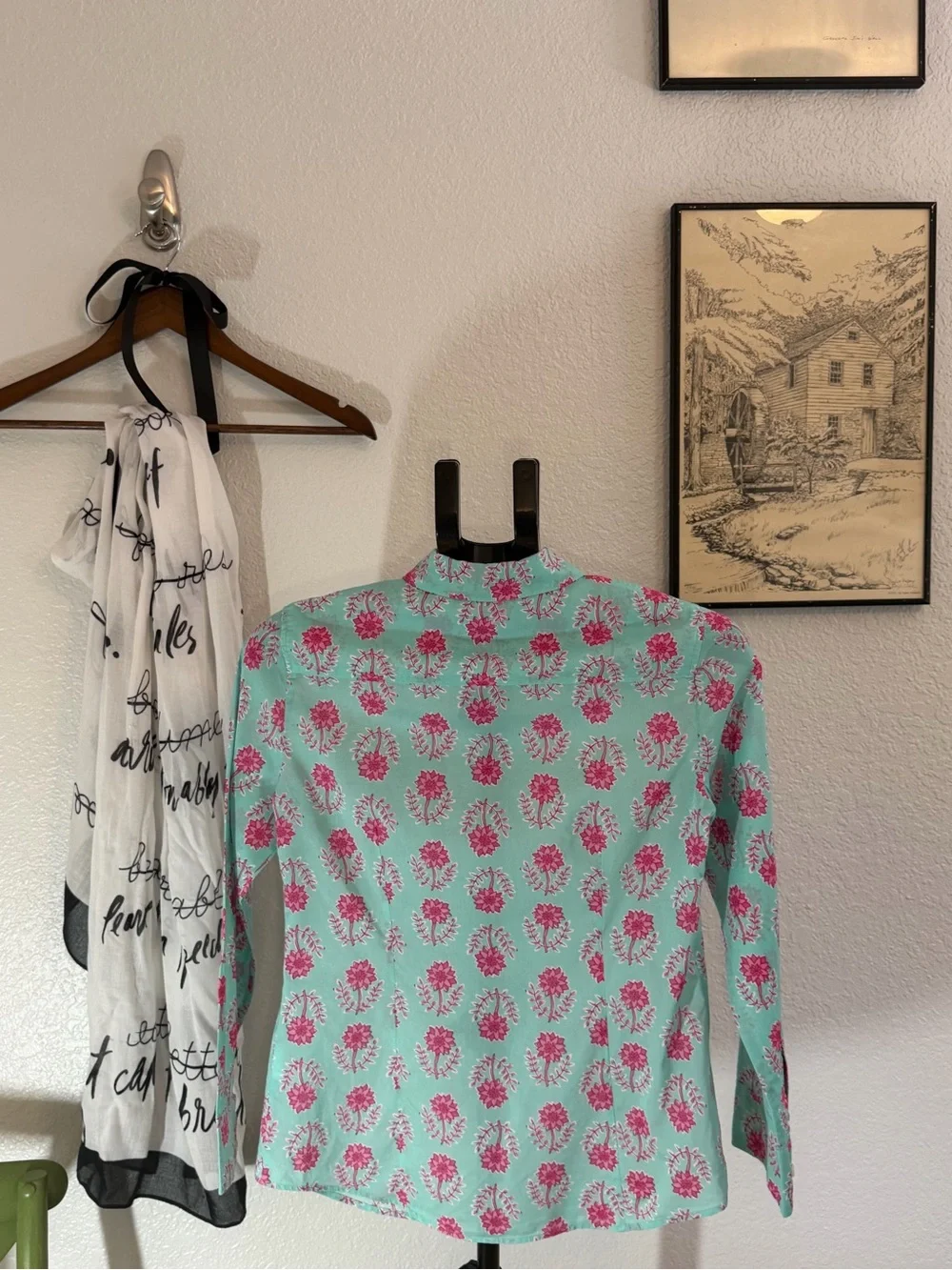 J.Crew Mint Green Pink Floral Block Print Button Down Petite Small PS